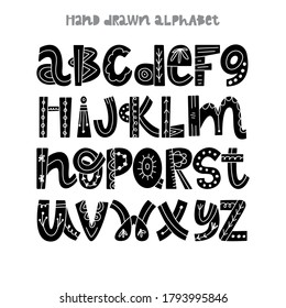 Vector Alphabet. Lettering and Custom Typography for Designs: Logo, for Poster,Invitation,etc.Kids modern vector font.Hand drawn scandinavian cut bold letters alphabet with white decorative elements.