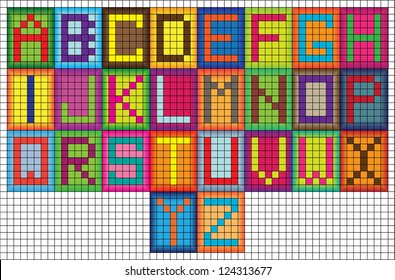 vector alphabet letters in colorful gradient squares isolated on grid paper