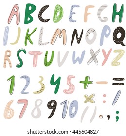Alfabeto de Vector con letras y figuras, matemáticas y signos de puntuación en estilo de dibujos animados