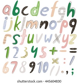 Vector alphabet with letters and figures, mathematical and punctuation sings in cartoon style