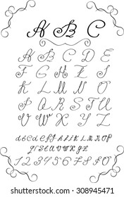 Vector alphabet.  Alphabet letters: lowercase, uppercase, numbers. Vector hand drawn calligraphic alphabet.