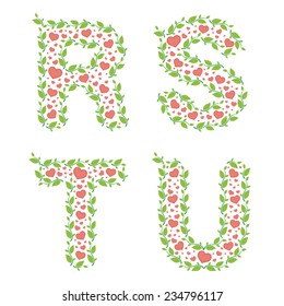 Vector alphabet letters made from green leaves and red hearts