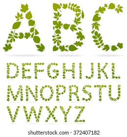 Vector alphabet letters made from leaves. Green floral font isolated on white background.