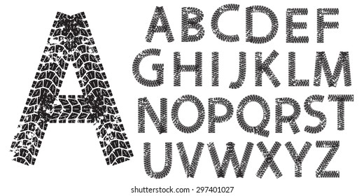 Vector Alphabet Letters Made From Motorcycle Tire Tracks, Isolated On White