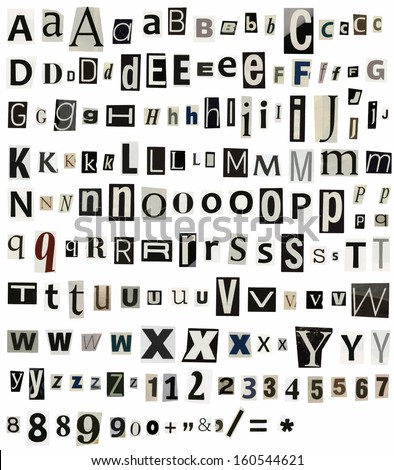 vector alphabet letters made of newspaper, magazine  with numbers and symbols