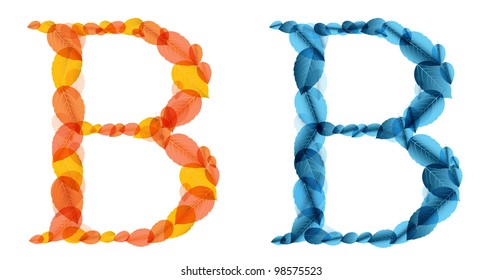 Vector alphabet letters made from orange and blue leafs. Vector illustration