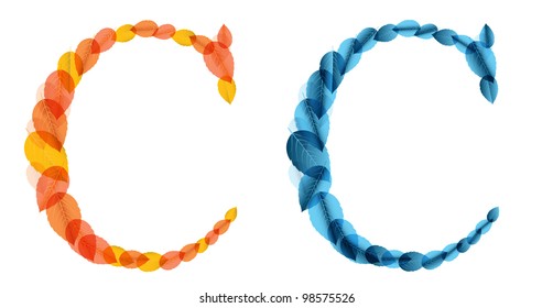 Vector alphabet letters made from orange and blue leafs. Vector illustration