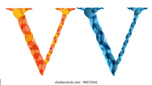 Vector alphabet letters made from orange and blue leafs. Vector illustration
