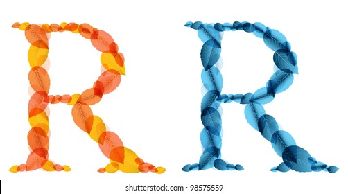 Vector alphabet letters made from orange and blue leafs. Vector illustration
