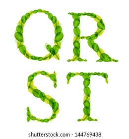 Vector alphabet letters made from spring green leaves. Vector illustration