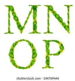 Vector alphabet letters made from spring green leaves. Vector illustration