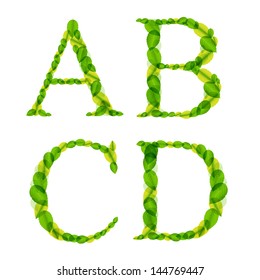Vector alphabet letters made from spring green leaves. Vector illustration