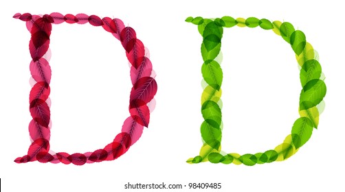 Vector alphabet letters made from spring green and autumn red leafs. Vector illustration