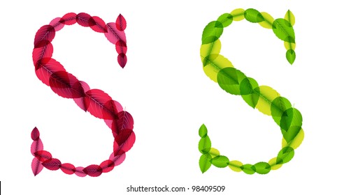Vector alphabet letters made from spring green and autumn red leafs. Vector illustration