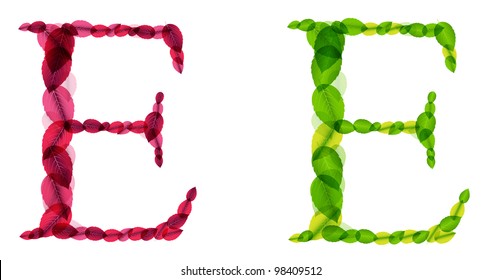 Vector alphabet letters made from spring green and autumn red leafs. Vector illustration