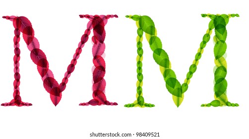Vector alphabet letters made from spring green and autumn red leafs. Vector illustration