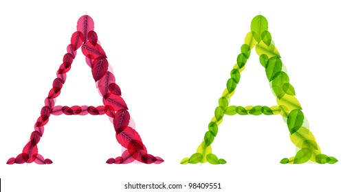 Vector alphabet letters made from spring green and autumn red leafs. Vector illustration