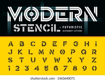 Vector of Alphabet Letters and numbers, Modern Stencil font, San serif font, Minimal Bold Letters set for Fashion, Futuristic, Technology, Party, Typography