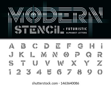 Vector of Alphabet Letters and numbers, Modern Stencil font, San serif font, Minimal Letters set for Fashion, Futuristic, Technology, Party, Typography