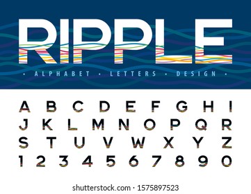 Vector of Alphabet Letters and numbers, Modern Colorful Ripple Lines effect Letter, Doodle Typeface, Fonts set for Celebrate, Fashion. Party, Festival, Wave; Ocean, Water; Stripe