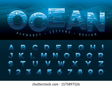 Vector of Alphabet Letters and numbers, Modern Blue Water Ripple Lines effect Letter, Doodle Typeface, Fonts set for Celebrate, Fashion. Party, Festival, Wave; Ocean, Water; Stripe