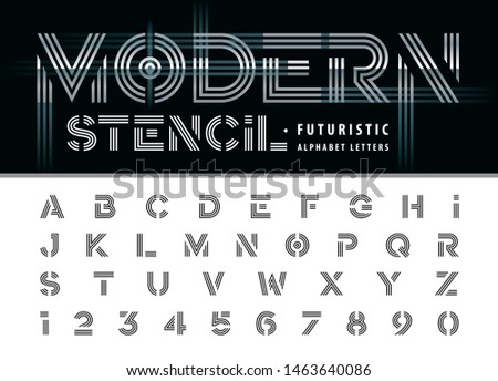 Vector of Alphabet Letters and numbers, Modern Stencil font, San serif font, Minimal Letters set for Fashion, Futuristic, Technology, Party, Typography
