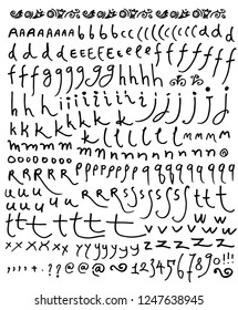 Vector alphabet. Letters and numbers. Stencil. Hand drawn letters. Black grunge font. Street art style. Felt tip pen.