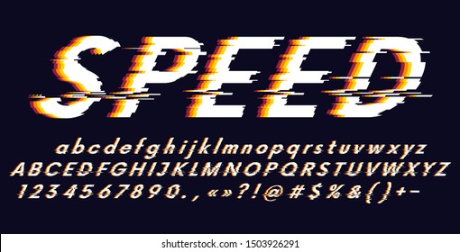 Vector Alphabet letters and numbers stylized fonts, speed effect faster motion, distorted glitch screen effect