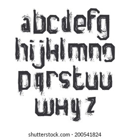Vector alphabet letters set, hand-drawn monochrome script, dirty brushed small letters.