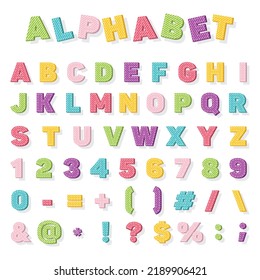 Vector alphabet letters with signs, cartoon colorful font for kids and school, cotton texture alphabet, cute decorative 3d letters and numbers.