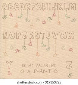 Vector alphabet letters for St. Valentine holiday decoration, cute doodle font template at realistic cardboard background