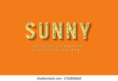 Vector alphabet letters with yellow neon light. Glowing led alphabet letters and numbers.