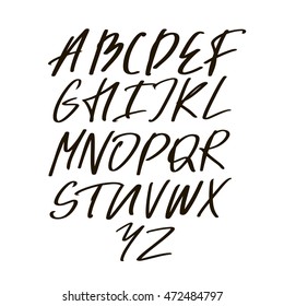 Vector Alphabet letters.Black  handwritten font drawn with liquid ink and brush.Calligraphic script