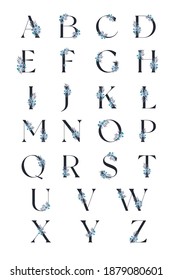 Vector alphabet with light blue flowers on white background. Flat clip art. Letters with flowers for wedding typography