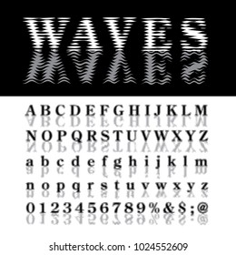 vector alphabet, linear halftone raster with waves reflection