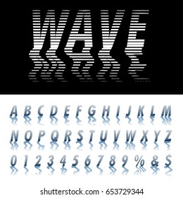 vector alphabet, linear halftone raster with reflection in water with waves