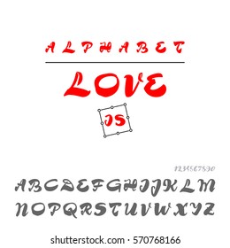 Vector Alphabet. Love is. Calligraphic font. Unique Custom Characters. Hand Lettering for Designs - logos, badges, postcards, posters, prints. Modern brush handwriting Typography.