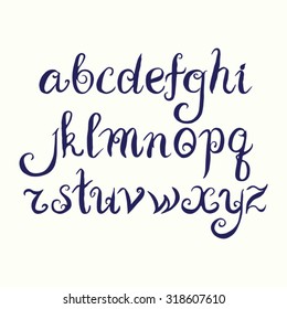 Vector alphabet. Lowercase letters. Handwritten fonts. Letters what were written by a round brush with blue ink.
