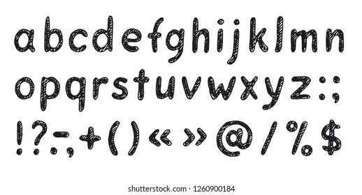 Vector alphabet. Lowercase (small) letters and punctuation marks. Hand drawing, doodles. For menu design, posters, packages, etc. Isolated letters and signs on white background. Part 2.