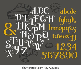 Vector alphabet. Lowercase, uppercase letters, numbers and ampersand. Hand drawn fancy ABC calligraphy collection