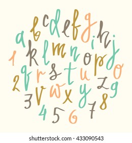 Vector alphabet.  Modern calligraphy font. Vector hand drawn  letters isolated and easy to edit. Retro colors. For postcard or poster decorative graphic design.