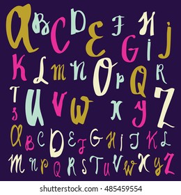Vector alphabet.  Modern calligraphy font. Vector hand drawn  letters isolated and easy to edit. Retro colors. For postcard or poster, decorative, graphic design.