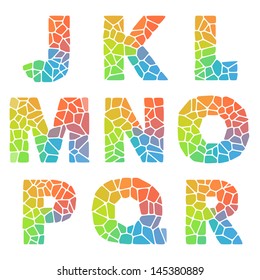 Vector alphabet mosaic colorful font set. J-R pack with a white background