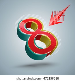 Vector Alphabet Number Eight 3D style with red arrow. Vector illustration