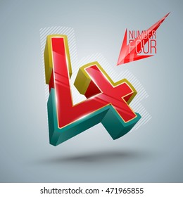 Vector Alphabet Number Four 3D style with red arrow illustration