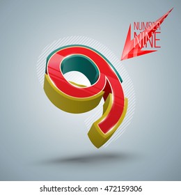 Vector Alphabet Number Nine 3D style with red arrow. Vector illustration