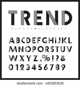 Vector Alphabet and number set in black and white color. Font or typeface collection for title, headline, sale, poster, card or brochure design.