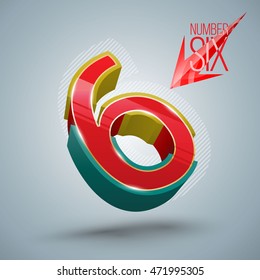 Vector Alphabet Number Six 3D style with red arrow. Vector illustration
