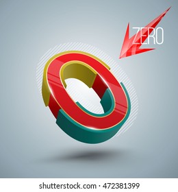 Vector Alphabet Number Zero 3D style with red arrow. Vector illustration