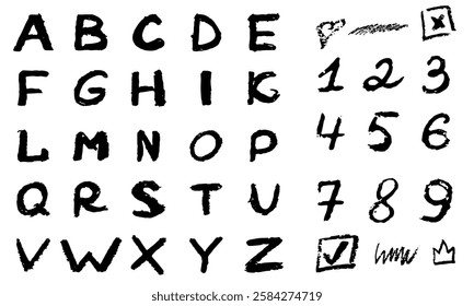 A vector alphabet with numbers created in a wax stroke style. Uneven outlines, textured strokes, and a slightly rough style add realism. Each letter and number is hand-drawn